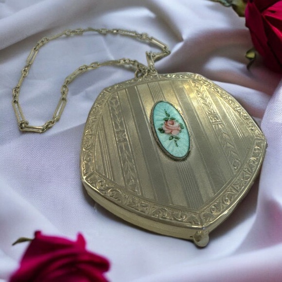 Antique Art Deco Guilloche Enamel Silver Compact Wristlet